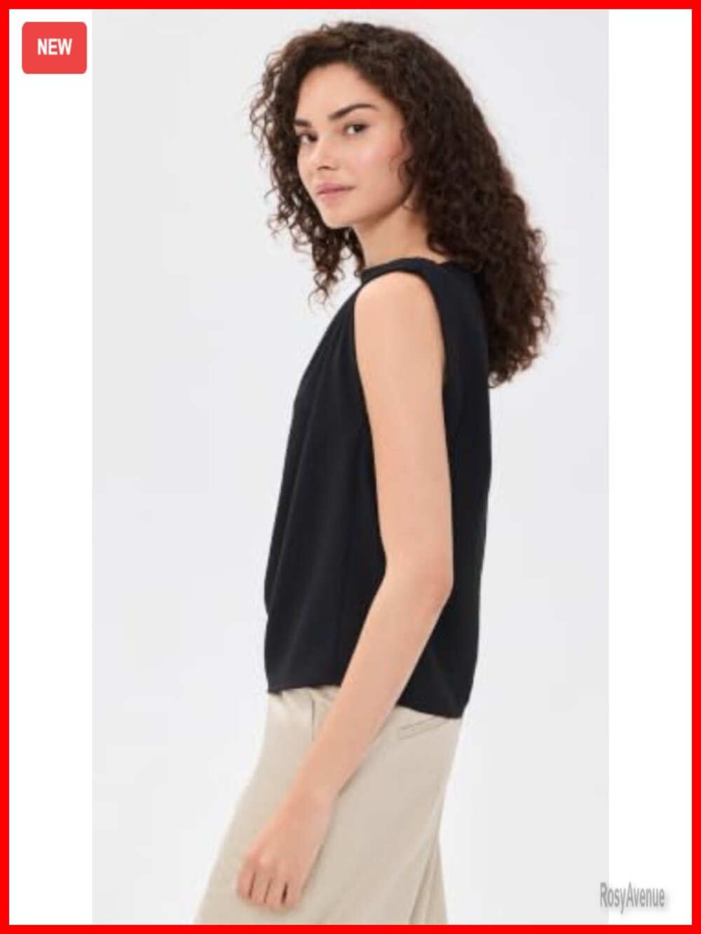 Draped Shoulder Sleeveless Top Relaxed Fit Crew Neck Pullover Blouse - Picture 3 of 5